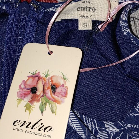 Entro Dress blue white patterned tie shoulder shift dress Sz S - Picture 5 of 5